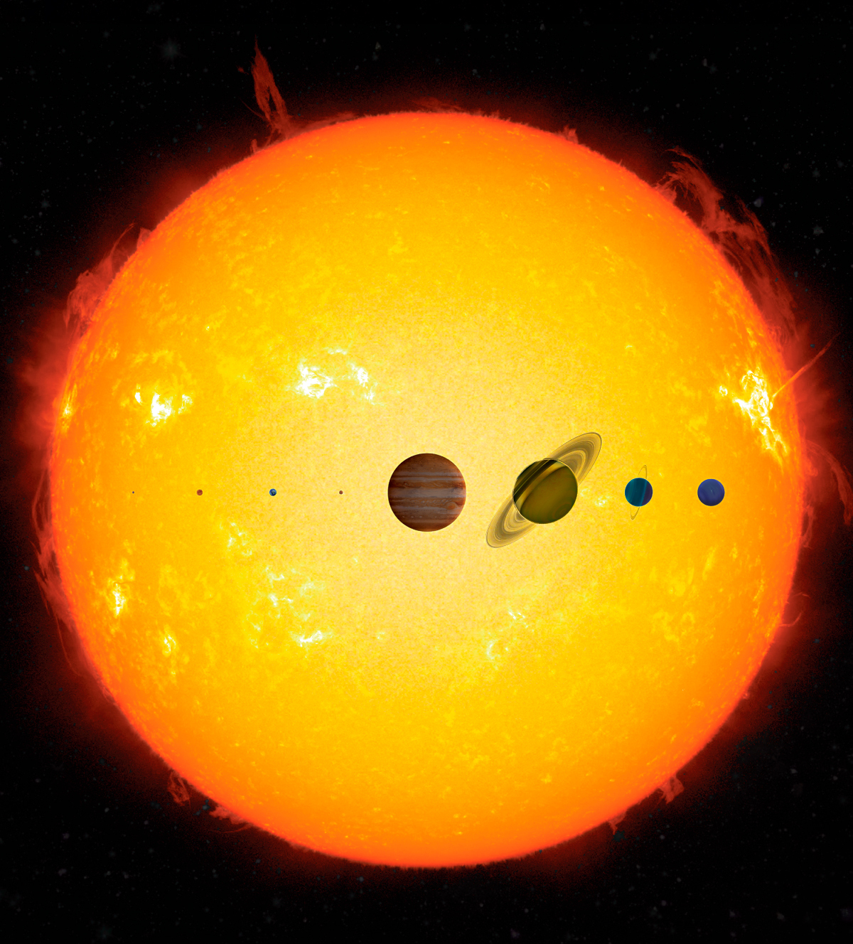 The sun with planets of the solar system in front of it to show their relative sizes.
